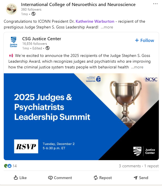 LinkedIn post showing Dr.Katherine Warburtin is a recipient of the  prestigious Judge Stephen S. Goss Leadership Award!