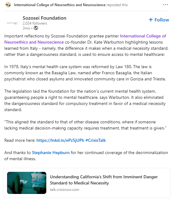 LinkedIn Post from Sozosei foundation reflection on Dr. Kate Warbutons lessons learned from Italy