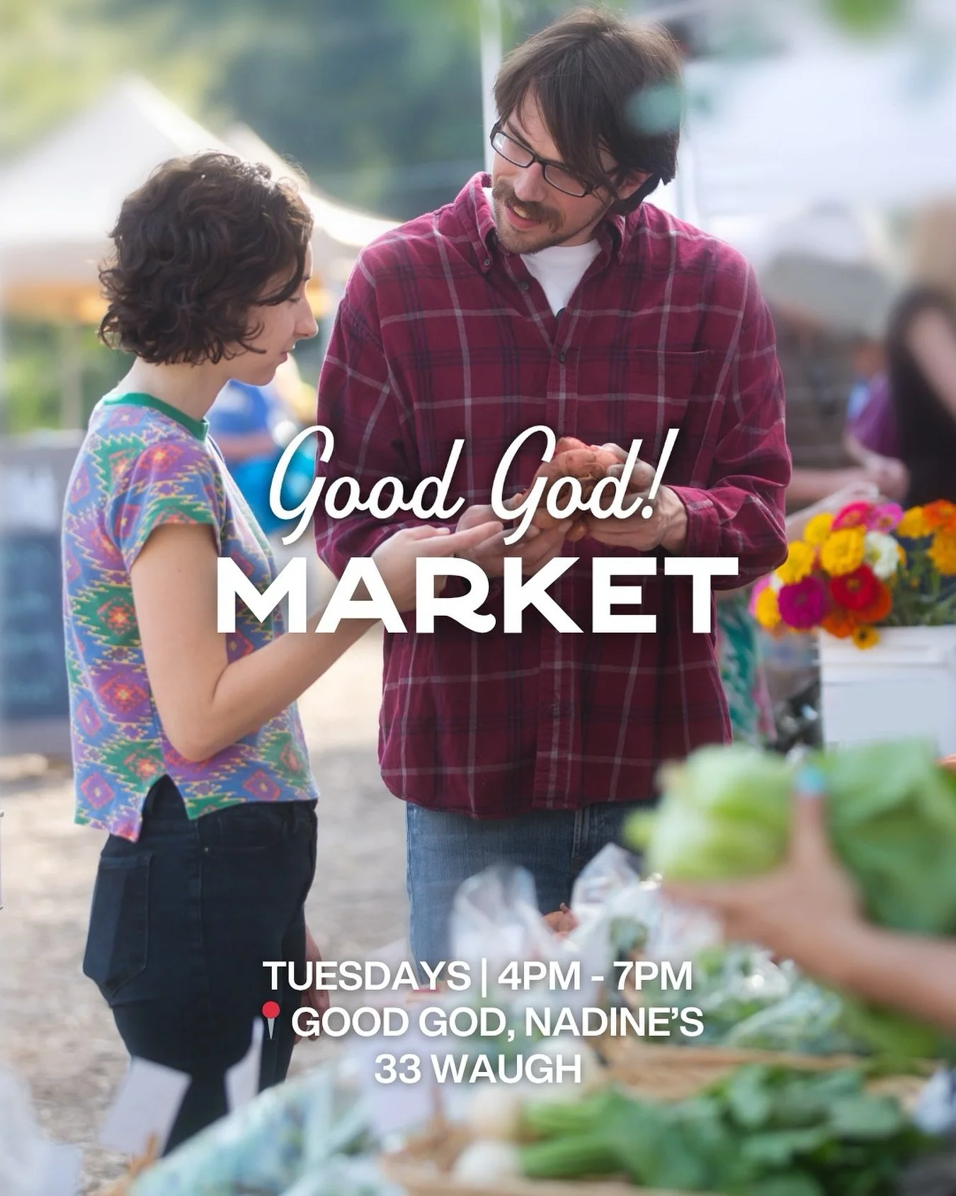 Good God! Tuesdays are for shopping local.🥬🥖🪴

Join us on Tuesdays (starting 11/11) from 4&ndash;7pm and find fresh produce, goods, and local makers out on the patio. Then head inside for a well-earned cocktail. Shop local, drink local, love local