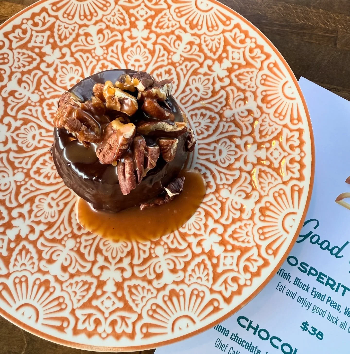 Chef Catherine Rodriguez knocked us flat on our booties with this incredible Texas Chocolate Cake. Valrhona chocolate cake topped with valrhona ganache, Rio Grande Organic Pecans and homemade caramel. Limited cakes available &mdash; come and get one 