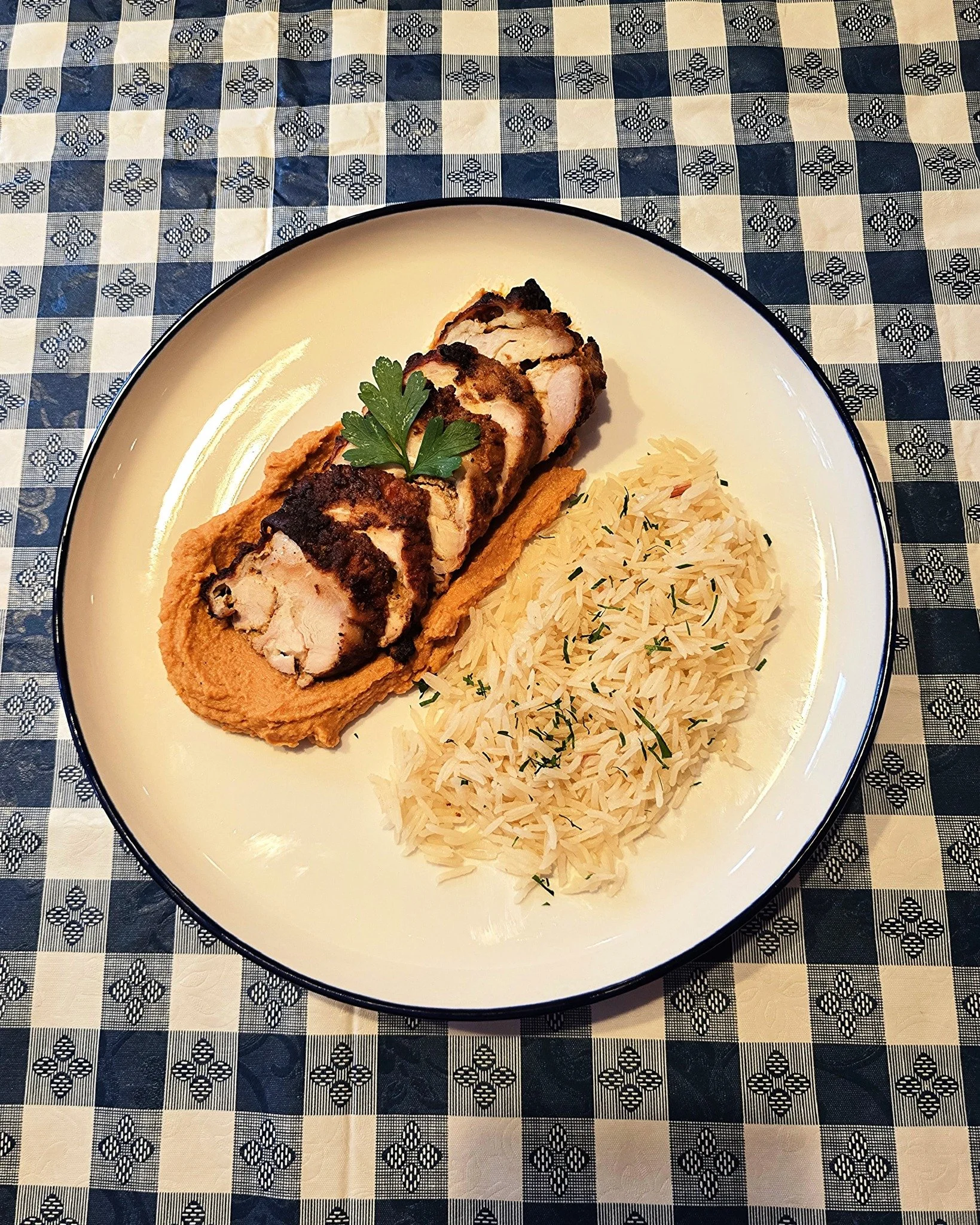 ***NEW MENU ITEM***

Time for another menu item! Here we have a Paprika Dijon chicken with Sweet Potato puree and a rice pilaf. The smoky flavors of the chicken pair well with the sweet, tangy bite of the sweet potatoes. I'm very excited for you all 