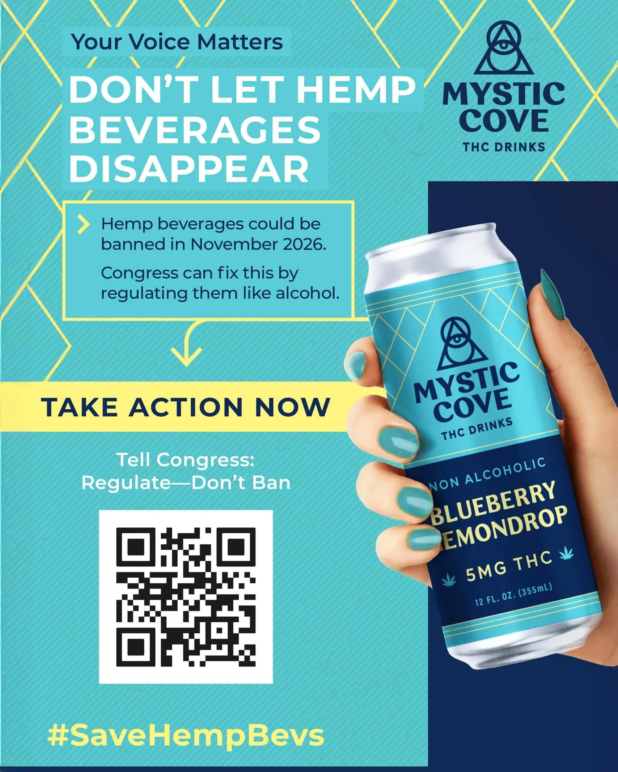 🚨Save Hemp-Derived THC Drinks!🚨 If we don&rsquo;t take action, Mystic Cove and the whole hemp beverage category could be banned this November! Tell Congress to regulate, not ban outright. Please fill out the form at the link in bio. 🙏