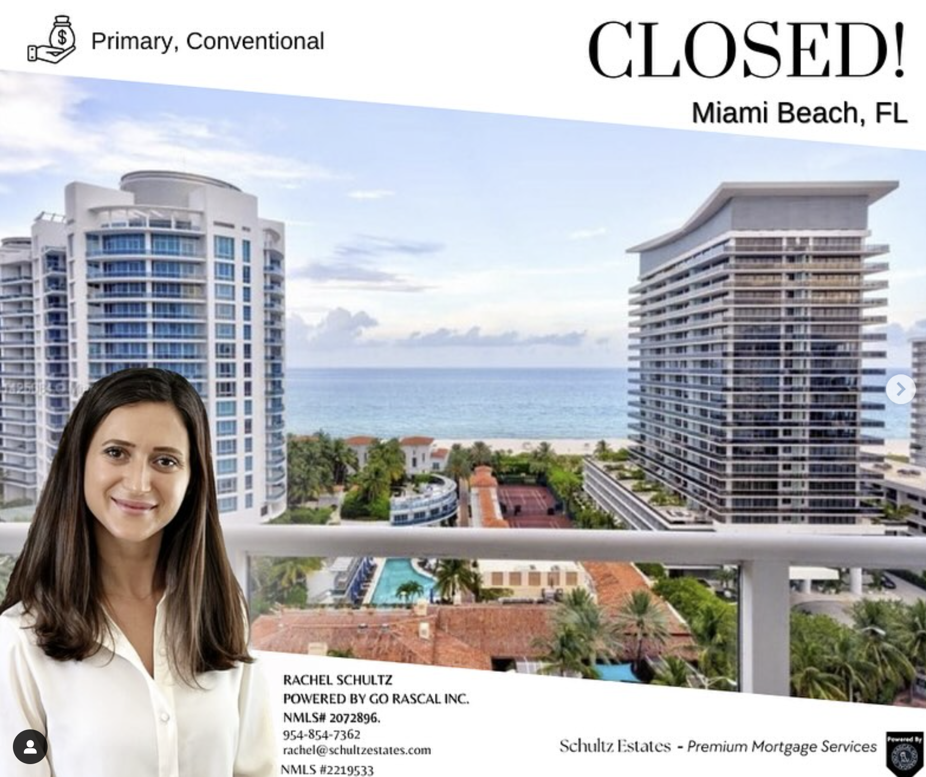 Primary home closed! Rachel Schultz secured a conventional mortgage for a luxury oceanfront condo in Miami Beach, FL.