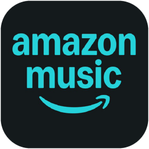 Amazon Music logo with blue text and a smile-shaped arrow on a black background.
