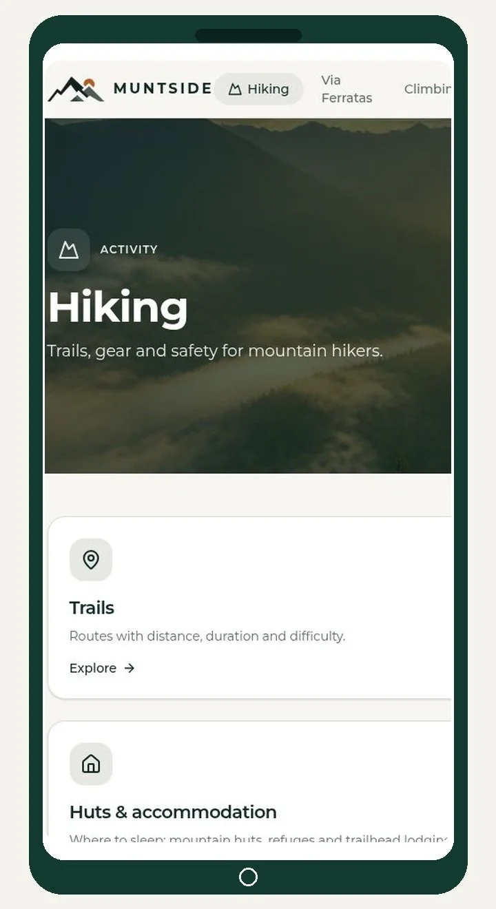 A mobile app screen for MUNTSIDE showing hiking activity details, including trails and huts & accommodations, with a mountain landscape background and navigation options.