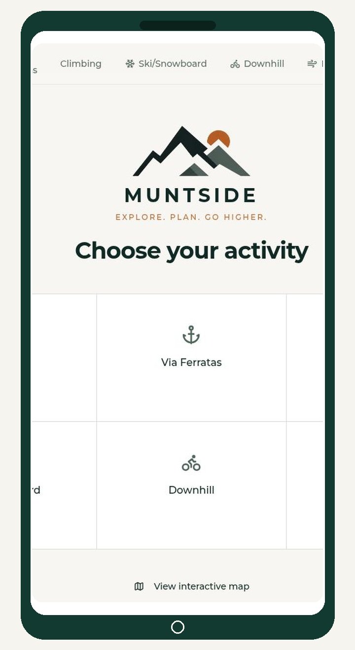 Mobile app screen showing outdoor activities options for Mountside, including 'Via Ferratas' and 'Downhill' biking, with a logo of mountains and the tagline 'Explore. Plan. Go Higher.'