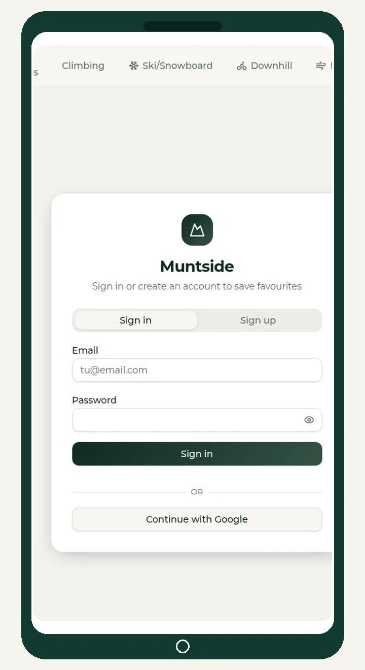 Mobile app screen showing signup page for Muntside with options for climbing, ski/snowboard, and downhill, and a form to sign in or continue with Google.