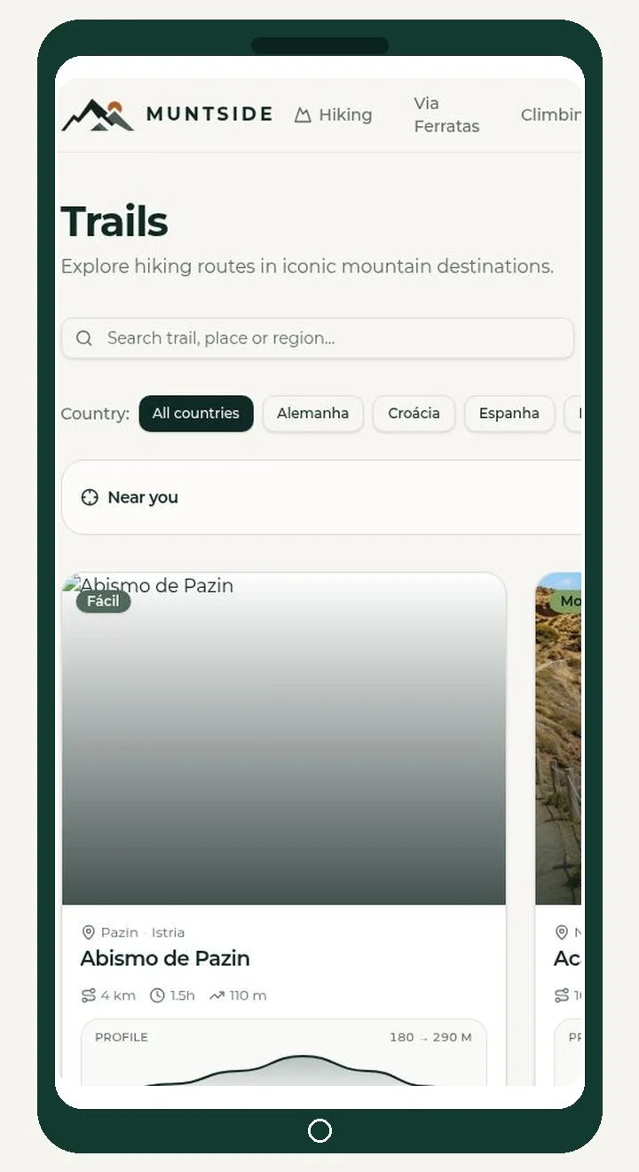 Screenshot of a hiking app named MUNTSIDE showing trail options, with a search bar and options for countries including Germany, Croatia, and Spain. The screen displays a trail called Abismo de Pazin, located in Pazin, Istria, with details about its length, duration, and elevation.