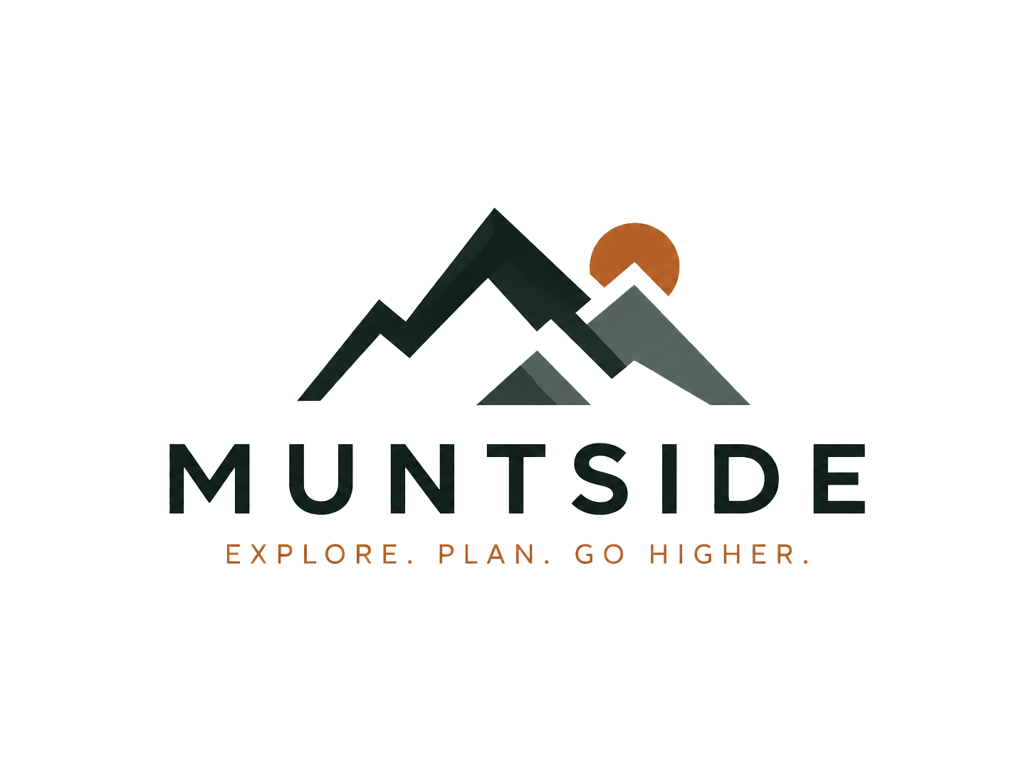 Logo for MuntSide featuring stylized mountains with a rising sun behind them, and the text 'MUNT SIDE' with a slogan 'Explore. Plan. Go Higher.' underneath.