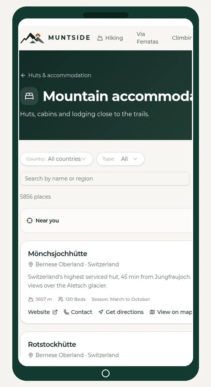Screenshot of a mobile app showing mountain accommodation options in Switzerland, including Mönchjochhütte and Rotstockhütte, with details about location, elevation, beds, and season.