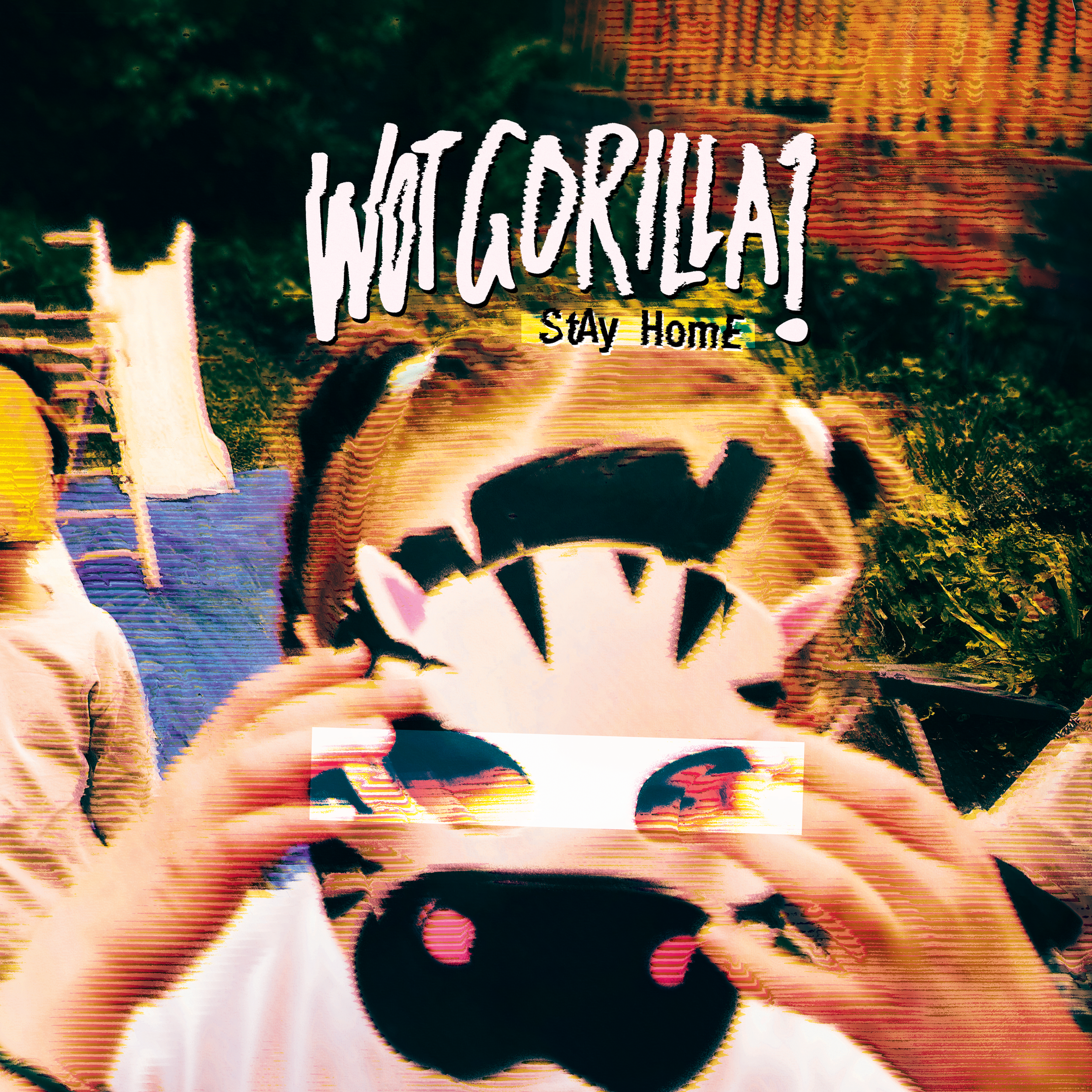 A person wearing a gorilla mask taking a selfie in front of a mirror using a smartphone, with a sign above that reads 'WOT GORILLA?! STAY HOME'.
