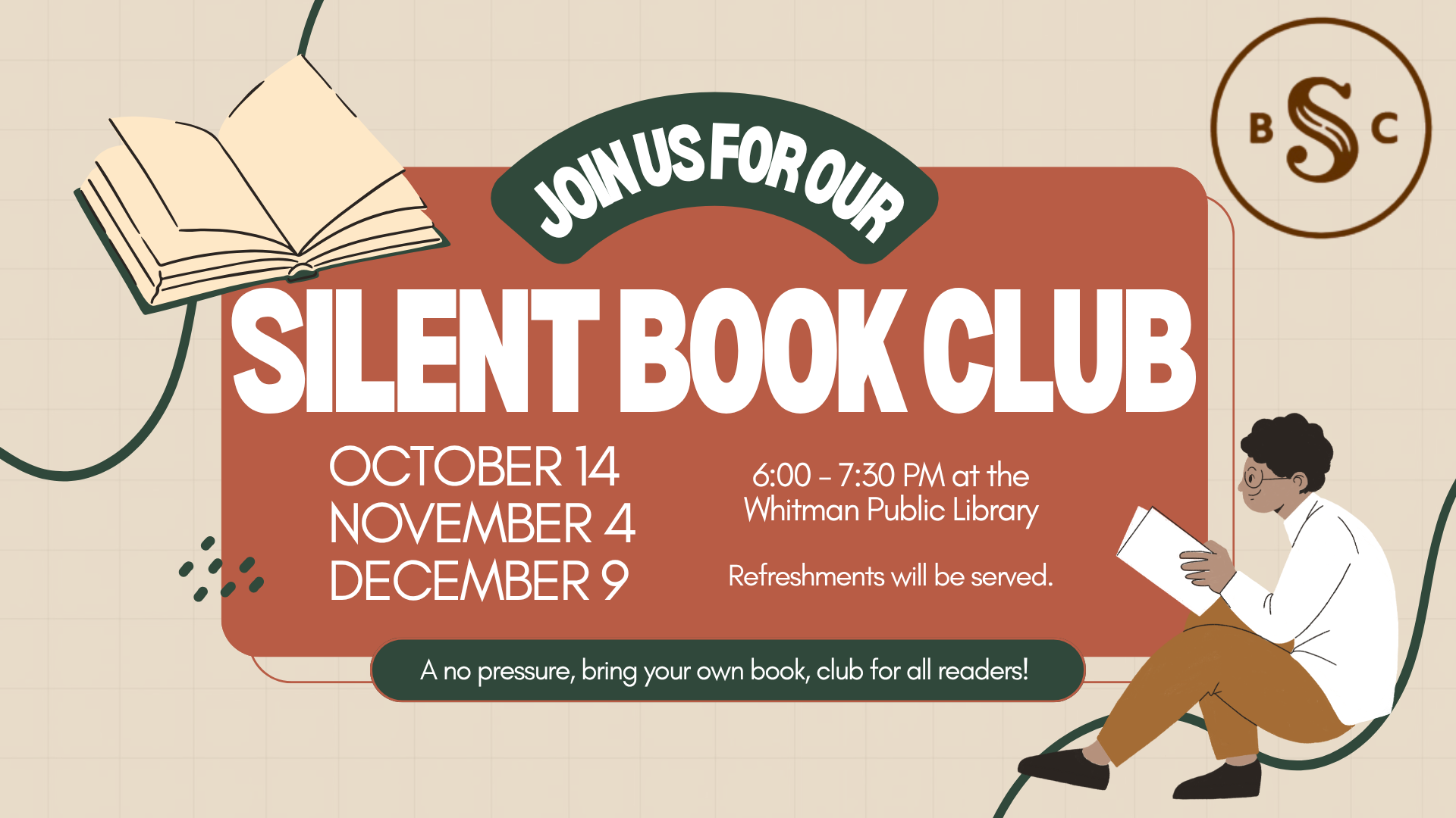 Join us for our Silent Book Club on October 14 starting at 6 PM at the Whitman Public Library.