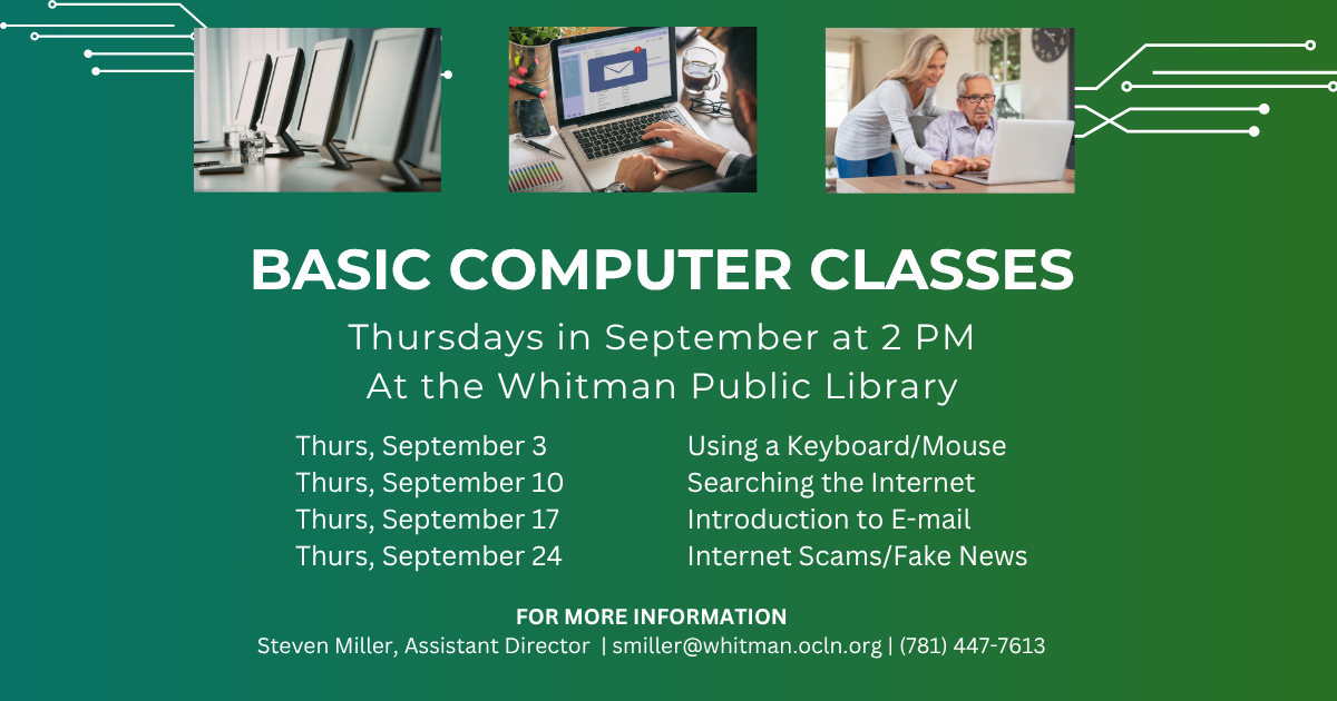 Basic Computer Classes on Thursday's from 2 PM to 3 PM at the Whitman Public Library