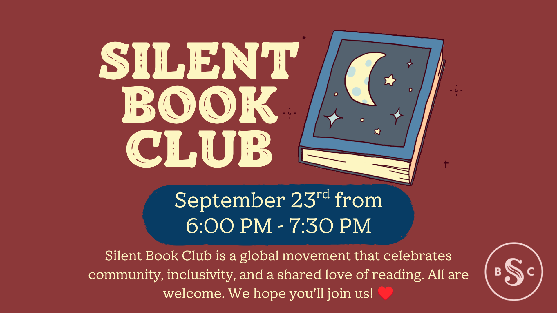 Join our silent book club on September 23 from 6 PM to 7:30 PM