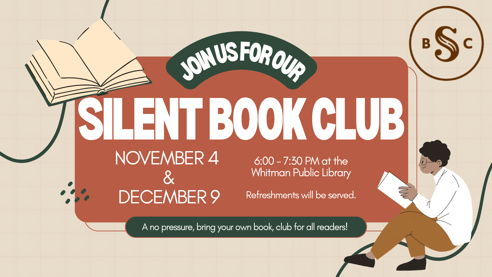 Silent Book Club on Wednesday, November 4, starting at 6 PM - No registration needed