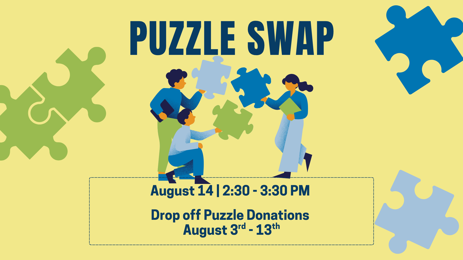 Whitman Public Library Puzzle Swap on August 14 from 2:30 to 3:30 PM