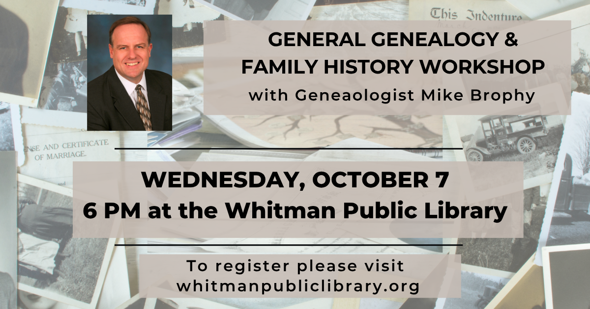 General Genealogy and Family History Workshop on Wednesday, October 7 at 6 PM