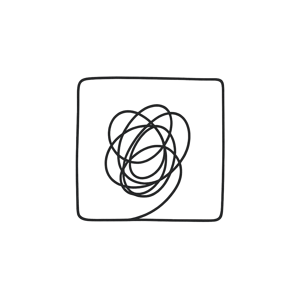 Line drawing of a tangled cord or wire inside a square outline, representing a messy or disorganized cable.