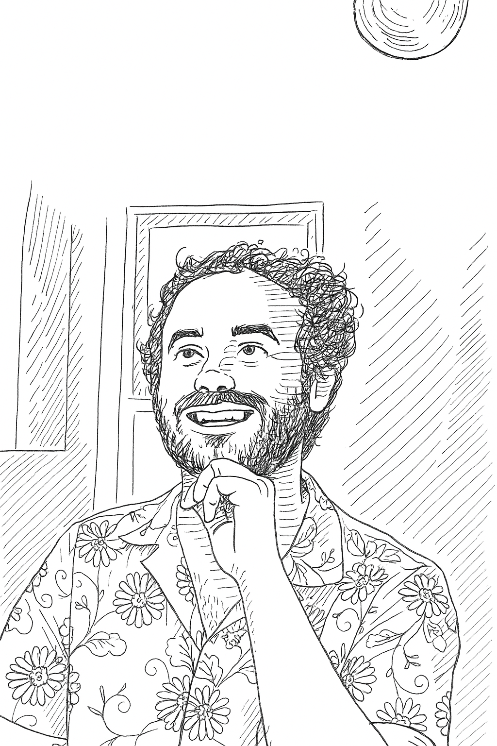 Line drawing of a man with curly hair and a beard, smiling and resting his chin on his hand, wearing a floral shirt, indoors near a window.