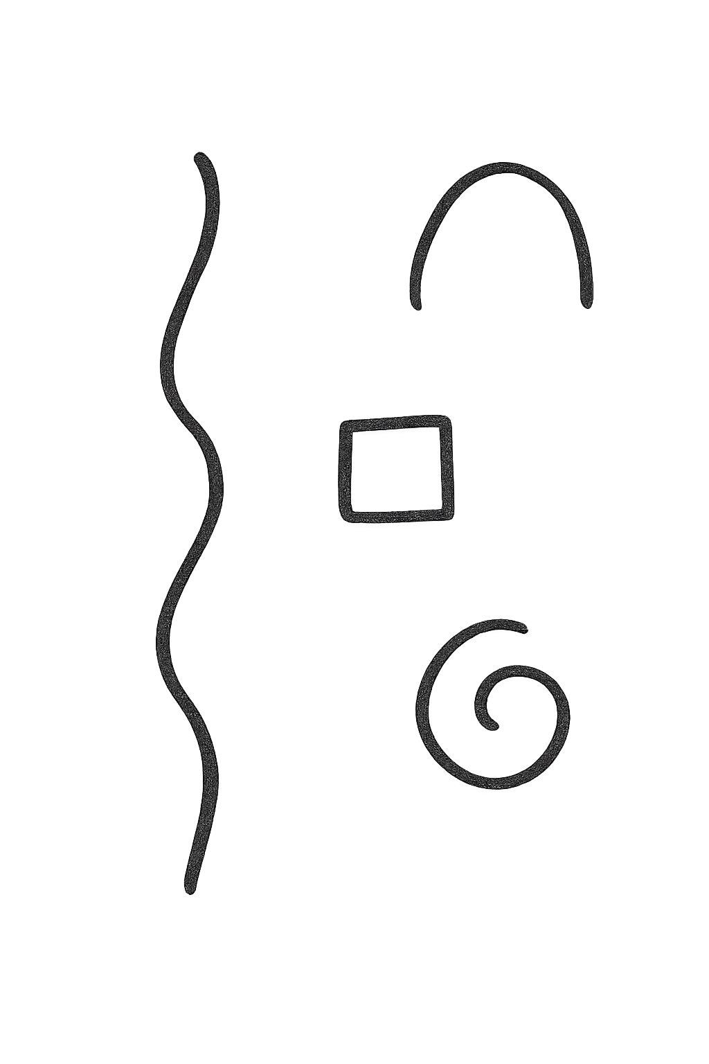 Black background with light gray outline of a face. The face has a wavy line as hair, two curved lines as eyebrows, a small square for a nose, and a spiral shape as a mouth.