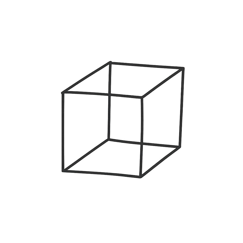 A black and white illustration of a three-dimensional wireframe cube, showing its edges and vertices.