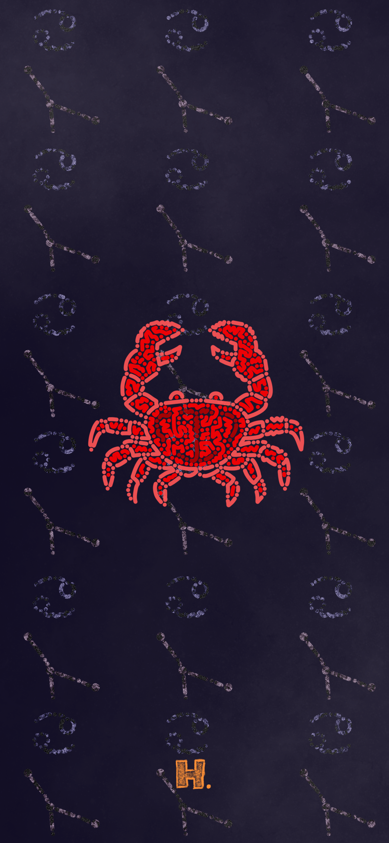 A repeating pattern of the Cancer zodiac constellation and a red illustration of a crab made of small dots, with an orange letter 'H.' at the bottom.
