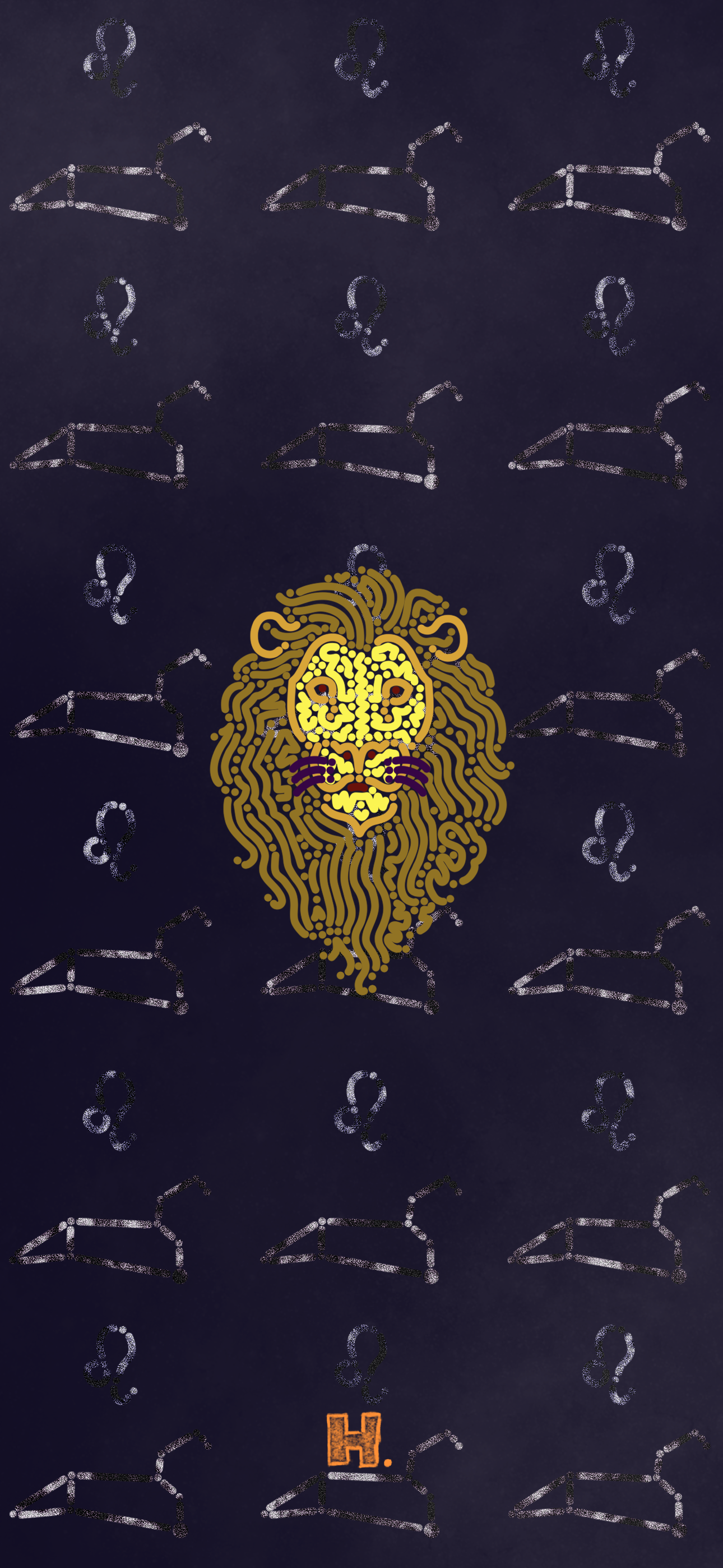A digital illustration of a lion's face made of yellow lines, with a mane surrounding it. The background features a pattern of white astrological symbols and scales, with an orange letter 'H' near the bottom.
