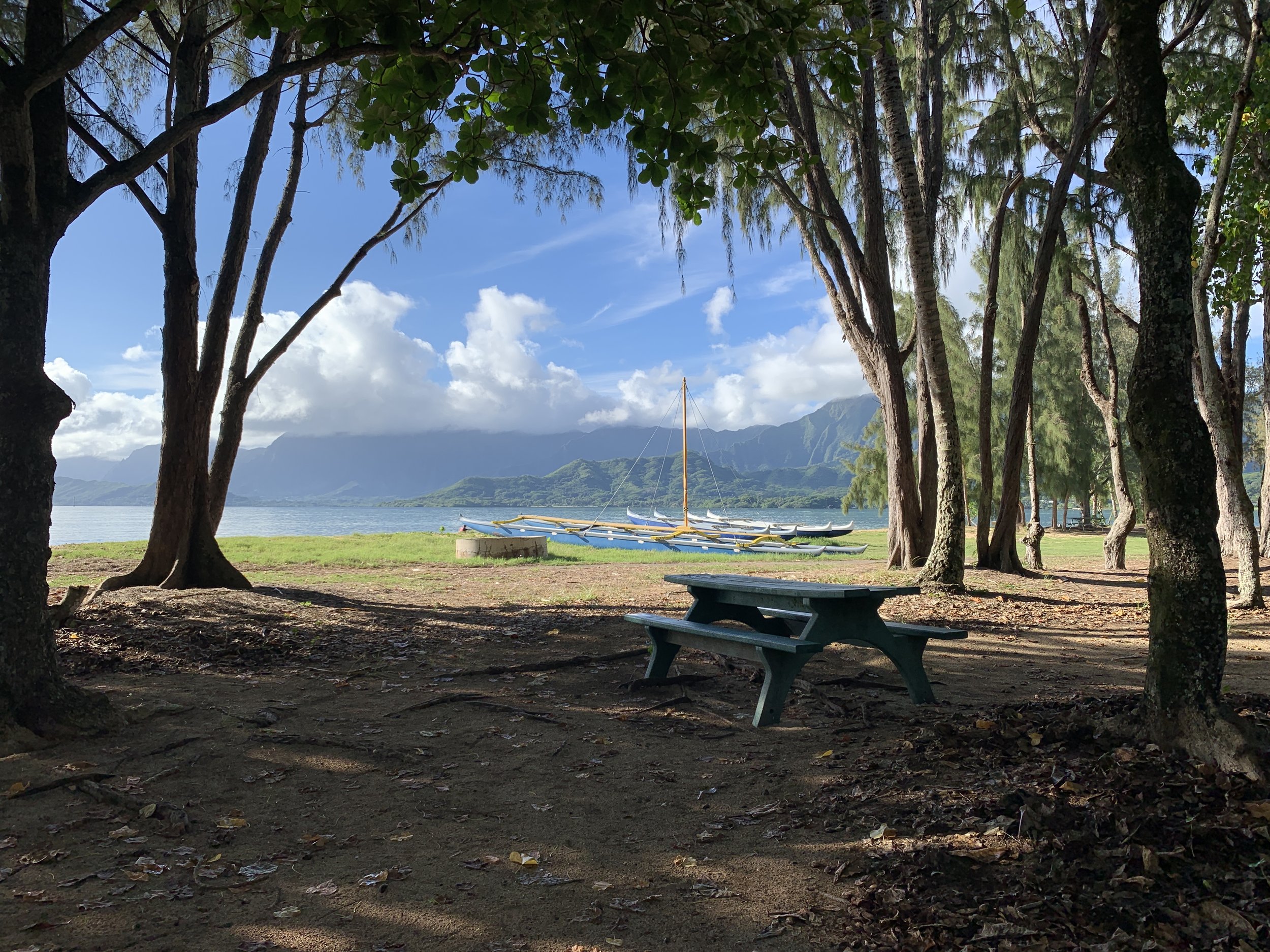 A scenic view featuring a picnic table under shady trees by the water, with boats lined up on a grassy area near a calm lake or ocean. Mountains and clouds are visible in the background. Hawaii film, video, photo production service