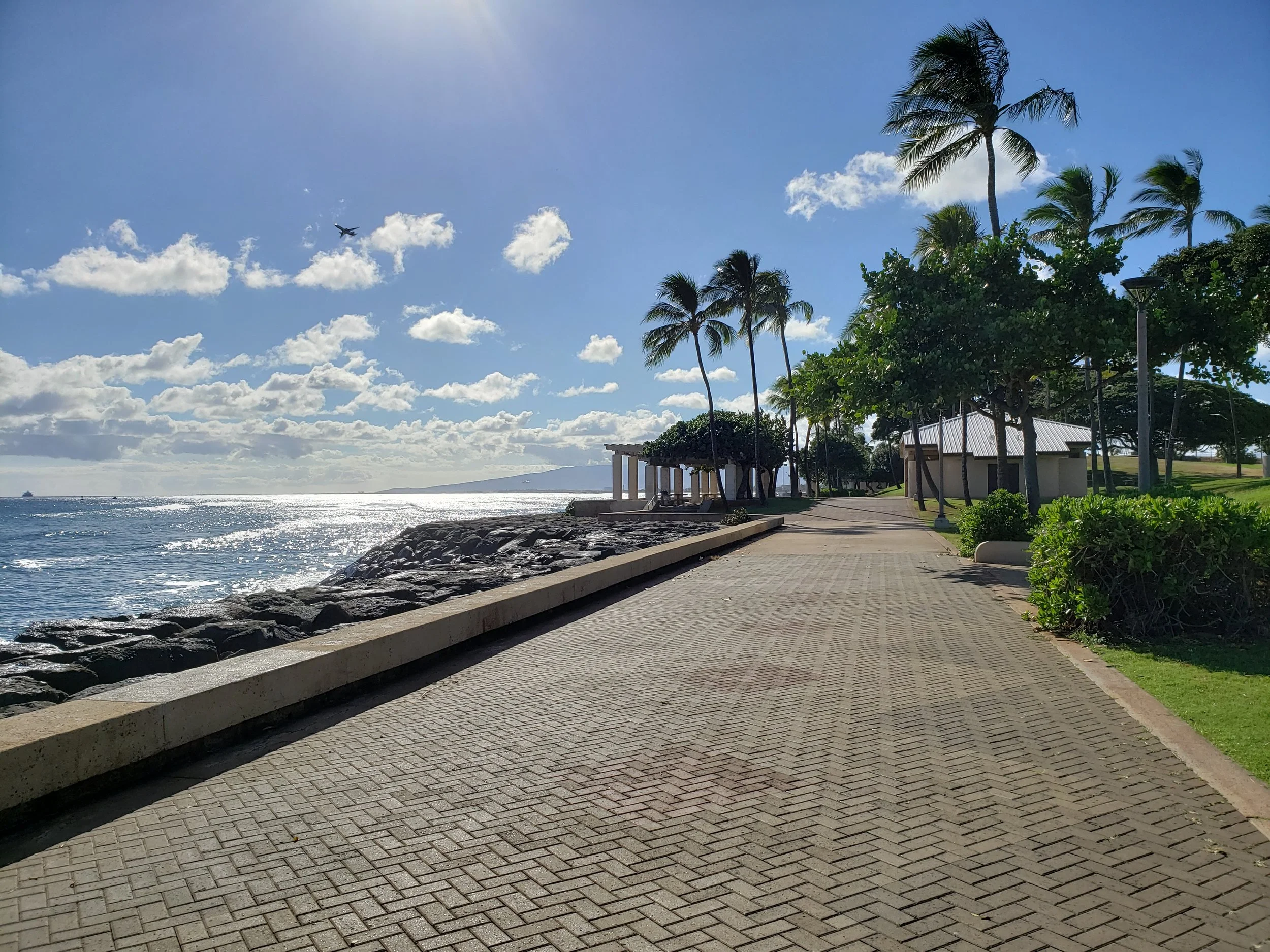 Seaside walkway with palm trees, ocean view, bright sunny sky, and clouds on the horizon. Hawaii film, video, photo production service