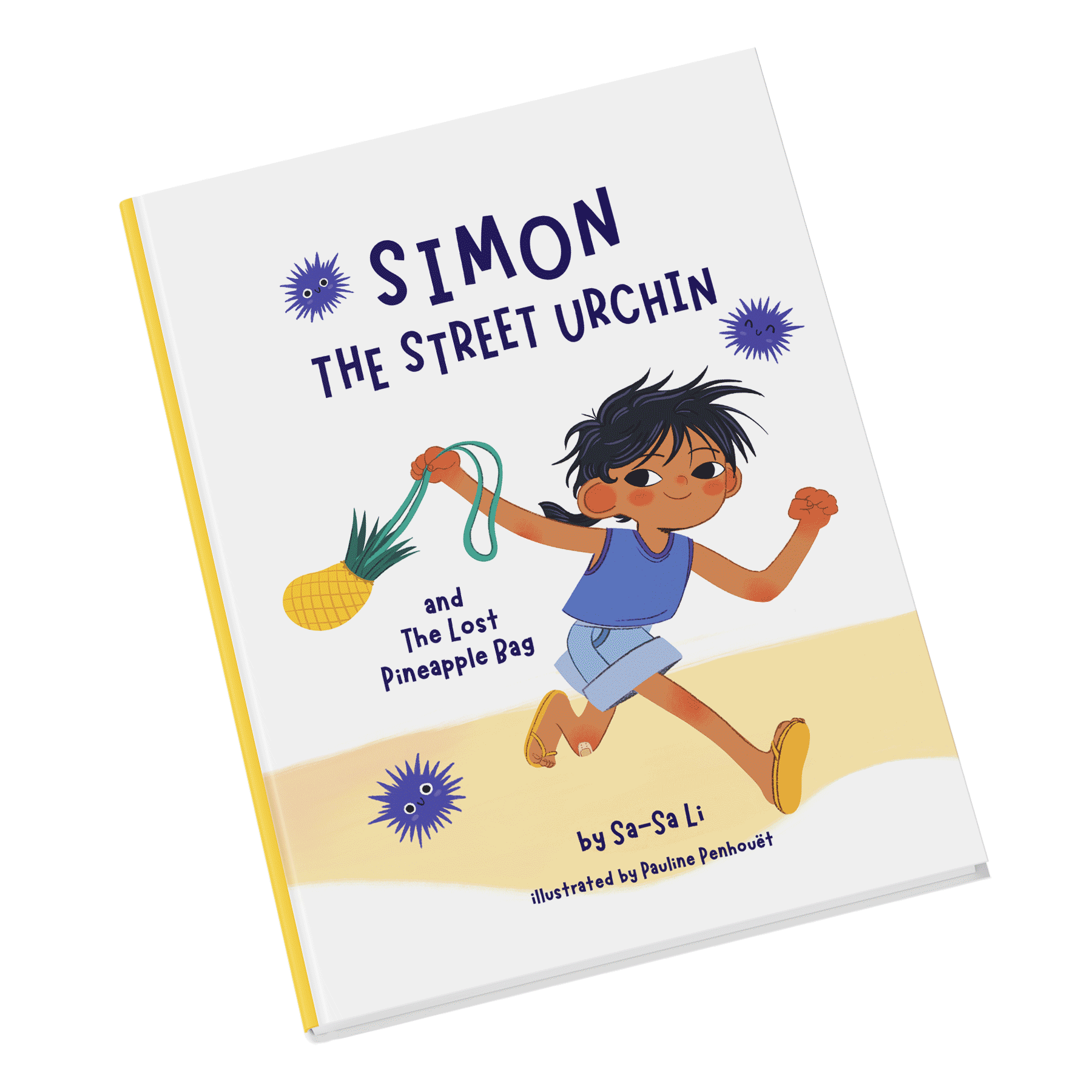 Children's book cover titled "Simon the Street Urchin and The Lost Pineapple Bag" by Sa-Sa Li, illustrated by Pauline Penhouët, featuring a young boy running on the beach holding a pineapple bag, with animated purple germs around him.