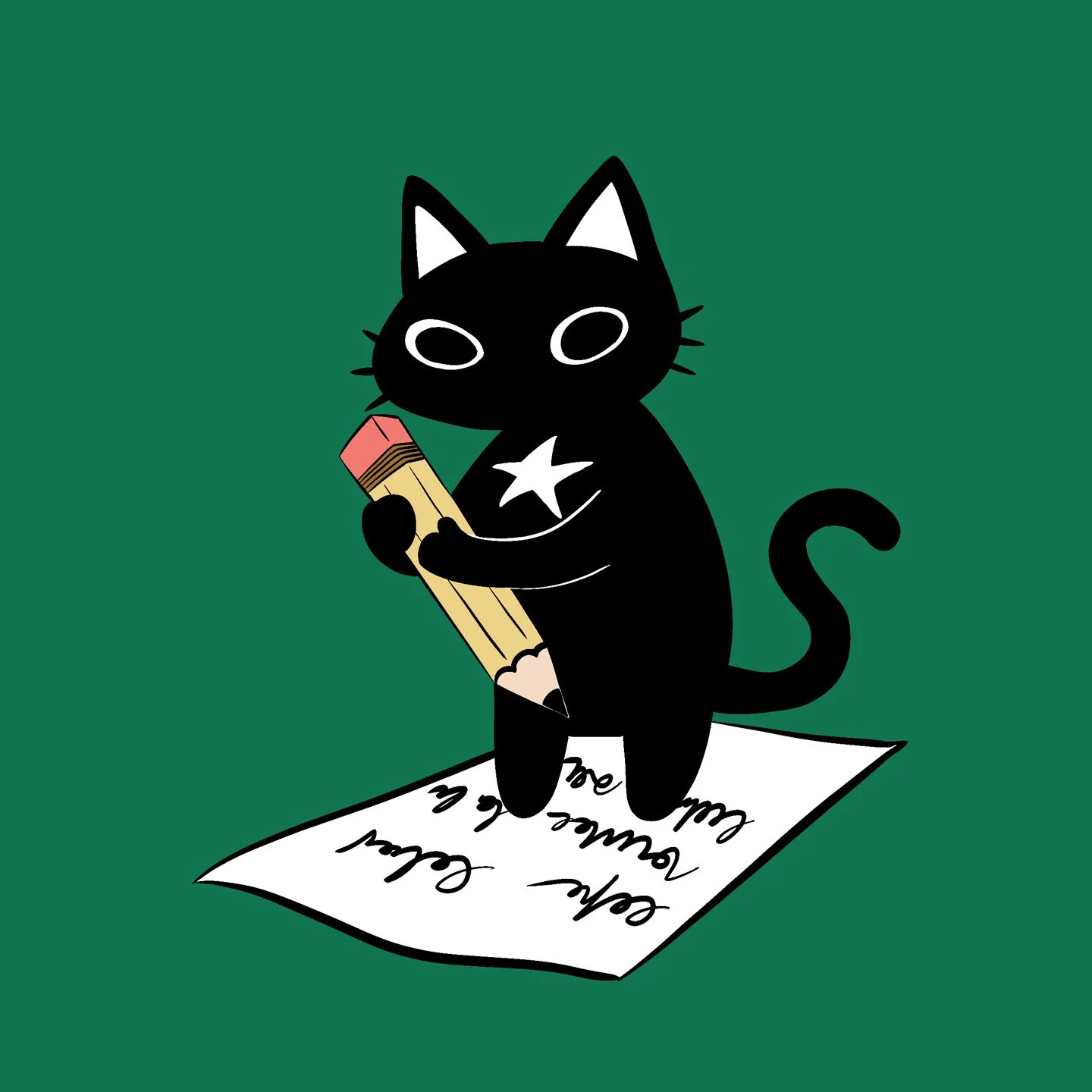 Eine schwarze Cartoon-Katze mit einem Stern auf der Brust, die mit einem großen Bleistift auf ein Stück Papier schreibt, vor einem grünen Hintergrund.
