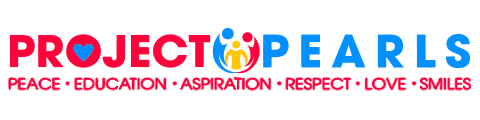 Logo with the word 'PROJECT PEARLS' and colorful icons of a child, a parent, and a heart. Beneath, words: Peace, Education, Aspiration, Respect, Love, Smiles.