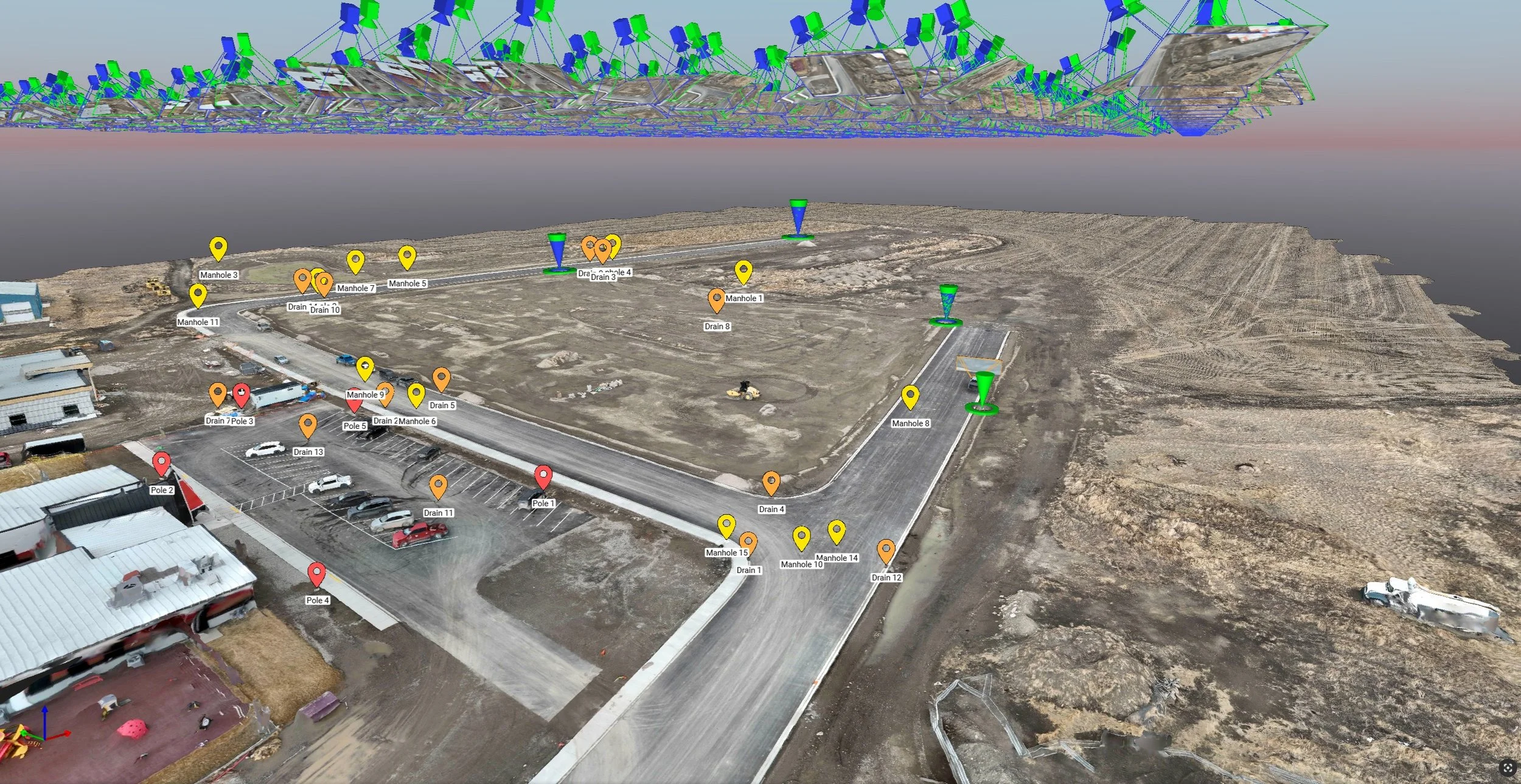 A digital twin model of a first-phase subdivision mapping locations of deep utility features.