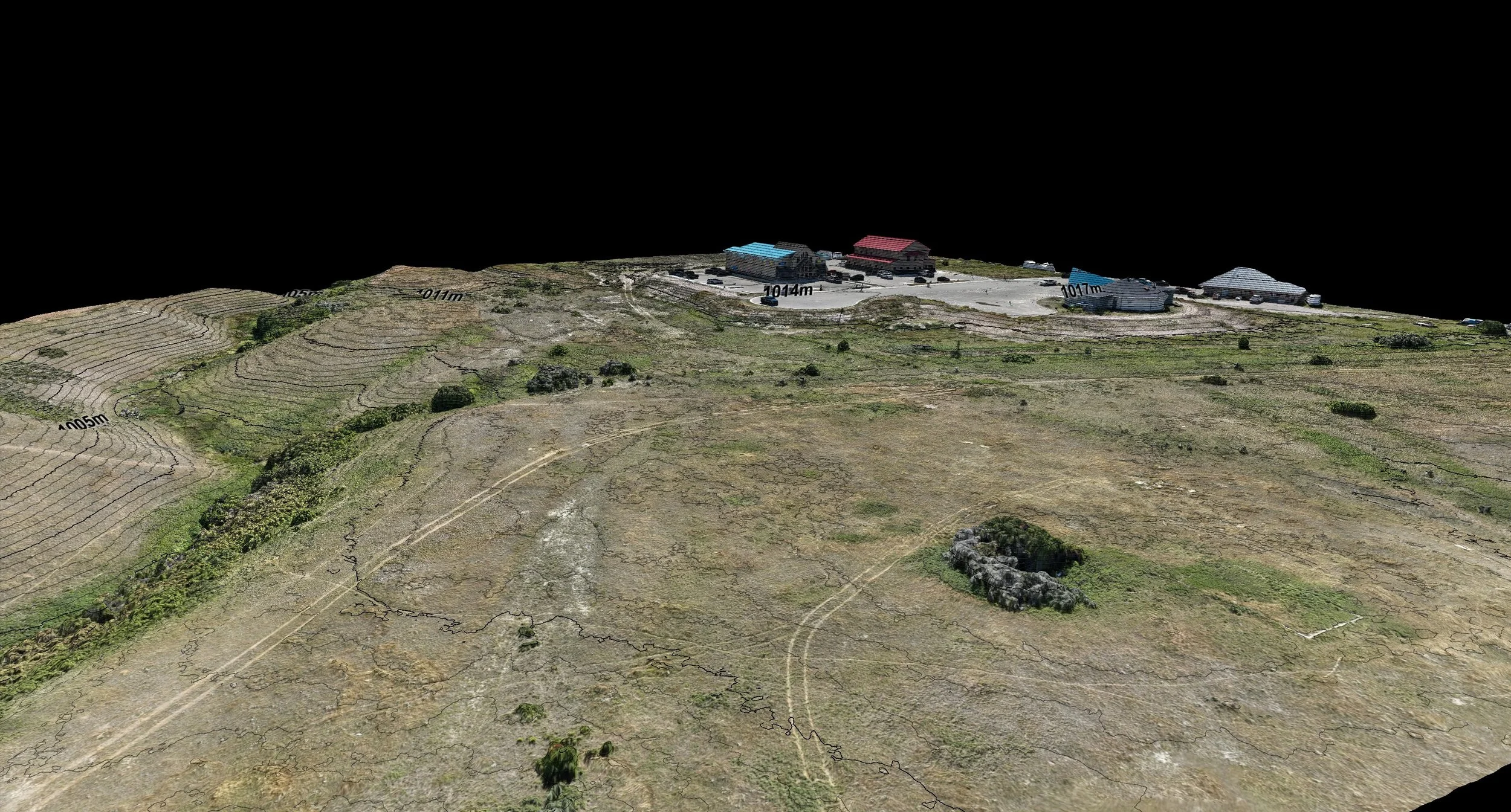 Engineering-grade contour map overlaying a high-resolution orthomosaic aerial view of a capital project site.