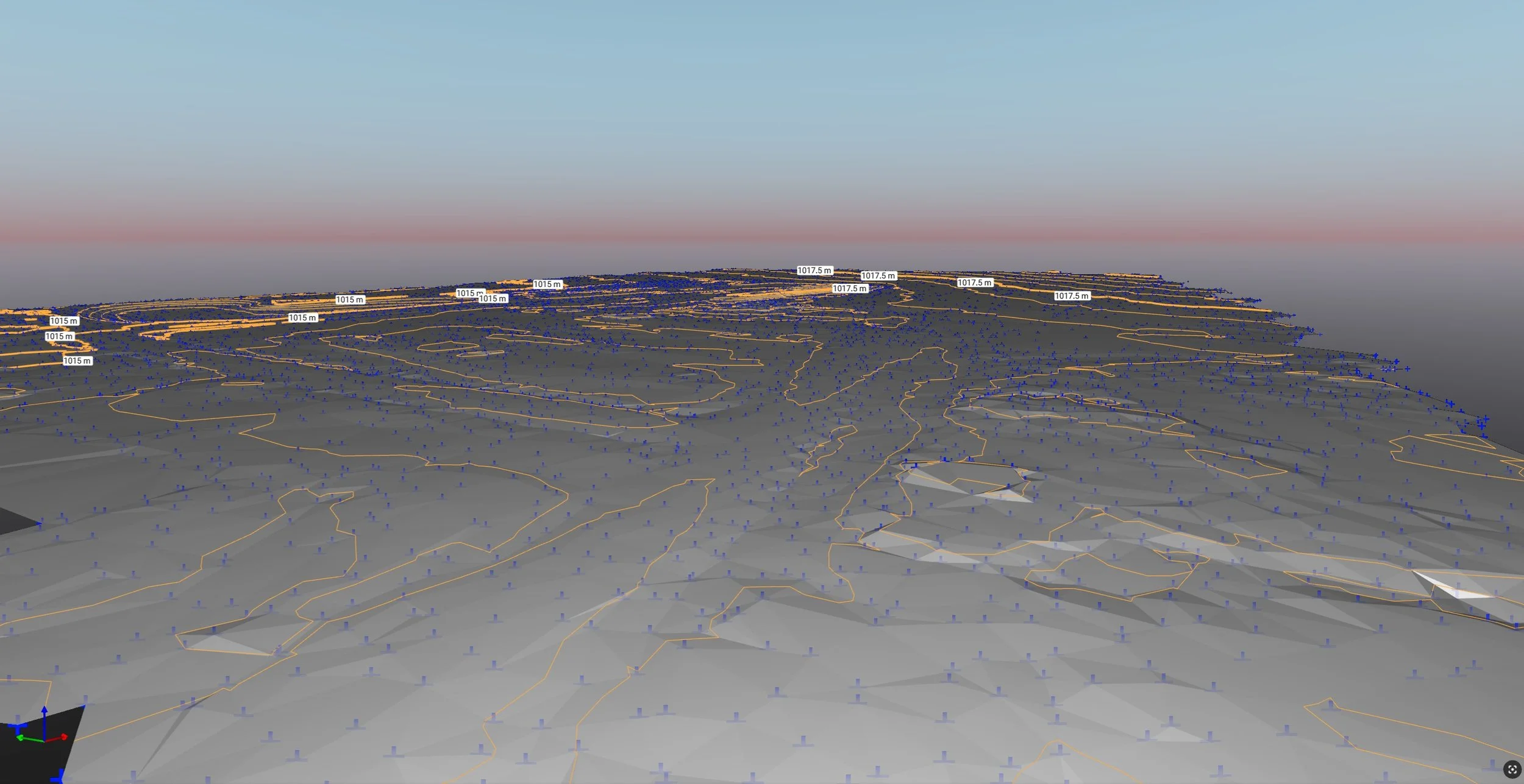 A TIN-surface model in 3D showing contour-lines and topography of a subdivision project.