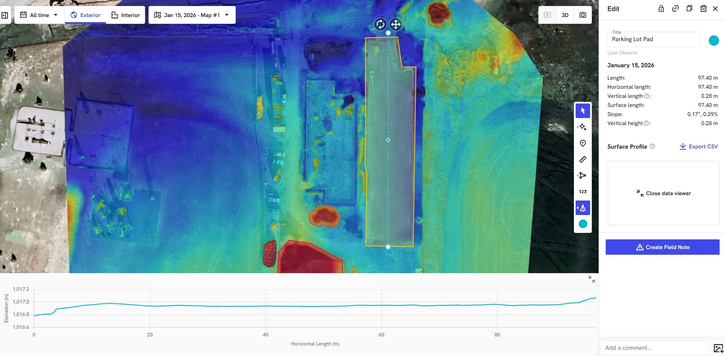 A parking lot surface slope analysis using a 2D elevation cross-section measurement.