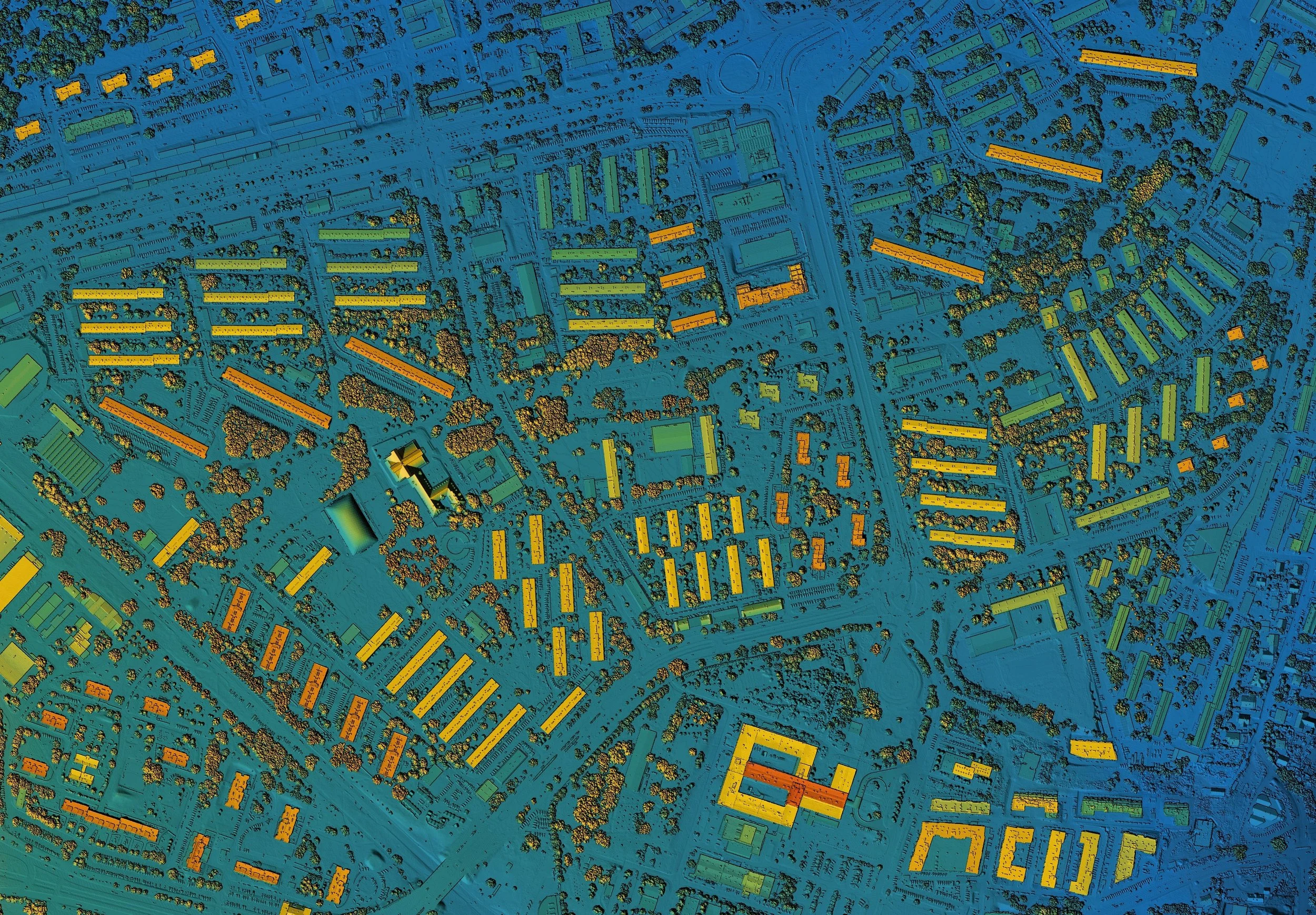 Precision Digital Surface Model (DSM) highlighting site elevations, buildings, and vegetation for high-accuracy reality capture and project planning.