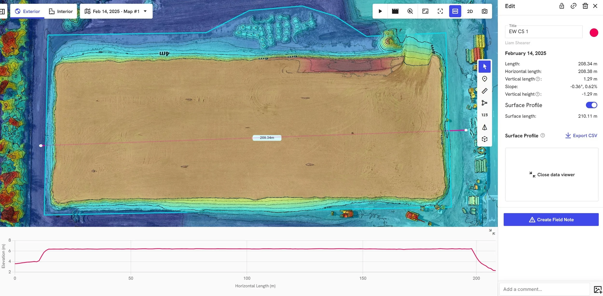 A building pad's finished volume surface profile represented as a 2D cross-section elevation graph.