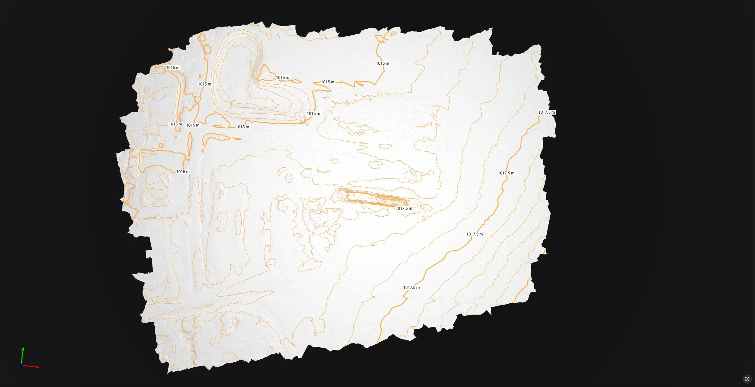 A 2D TIN-surface model with contour-lines showing the topography of a subdivision project.