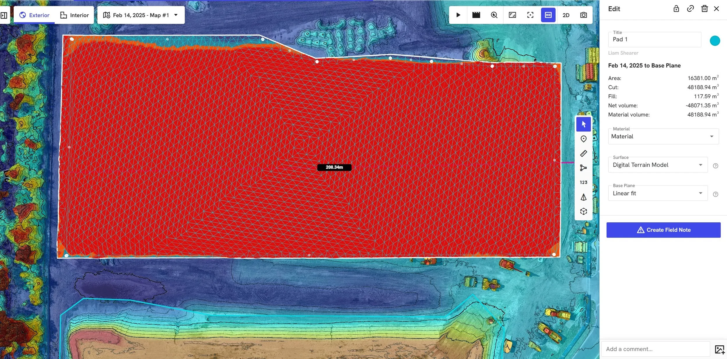 A building pad's finished volume quantified against the sites base plane.