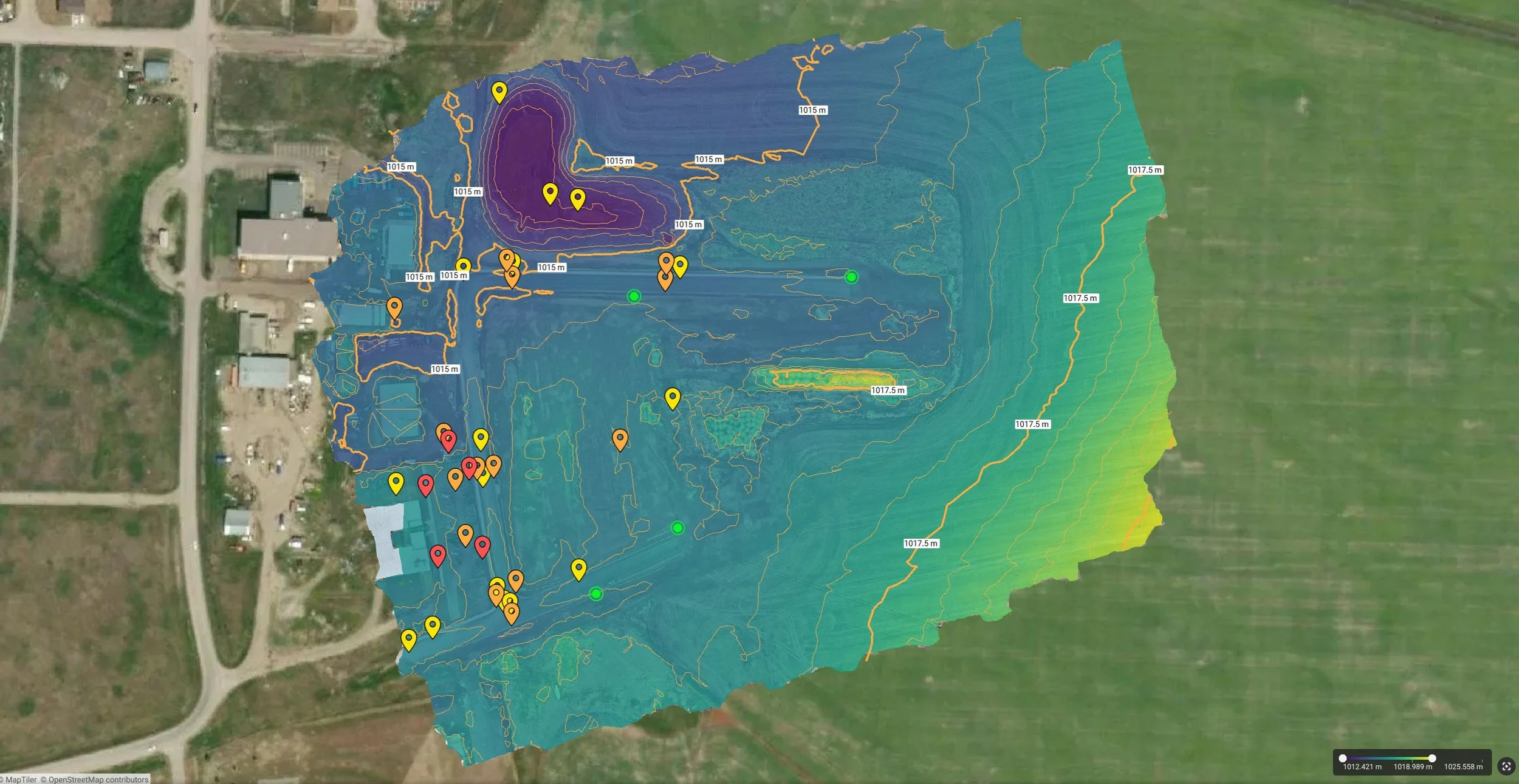 A terrain elevation map showing both the locations of deep utility features and contour-lines.