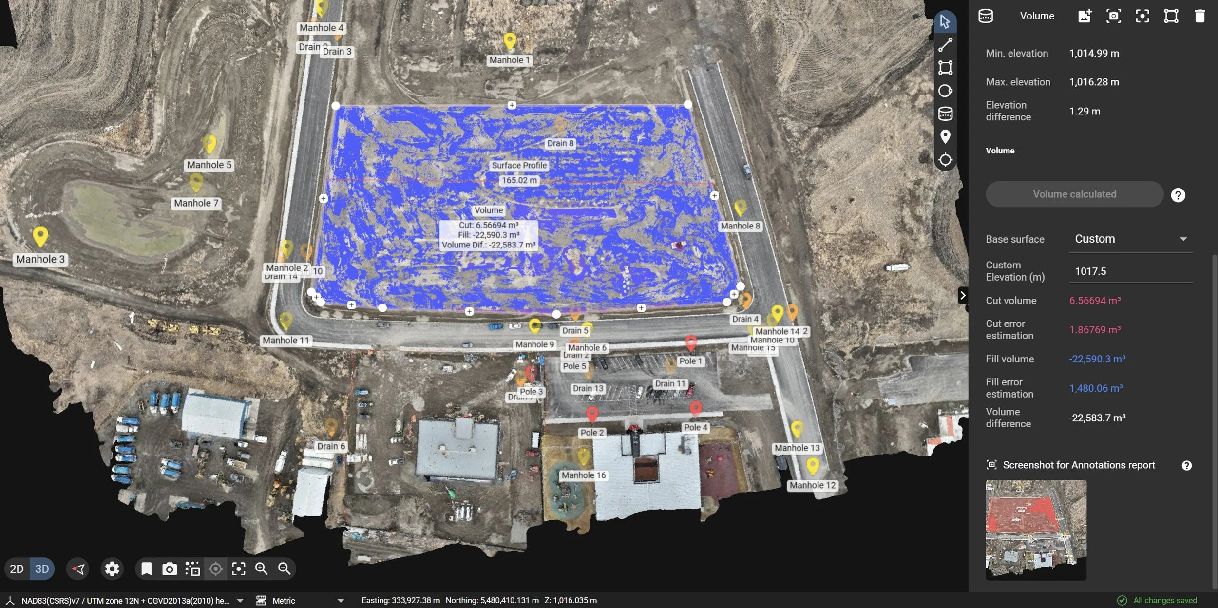 High-fidelity volumetric calculation interface showing precision earthwork quantities, total cubic meters, and terrain comparison data from an aerial drone capture.