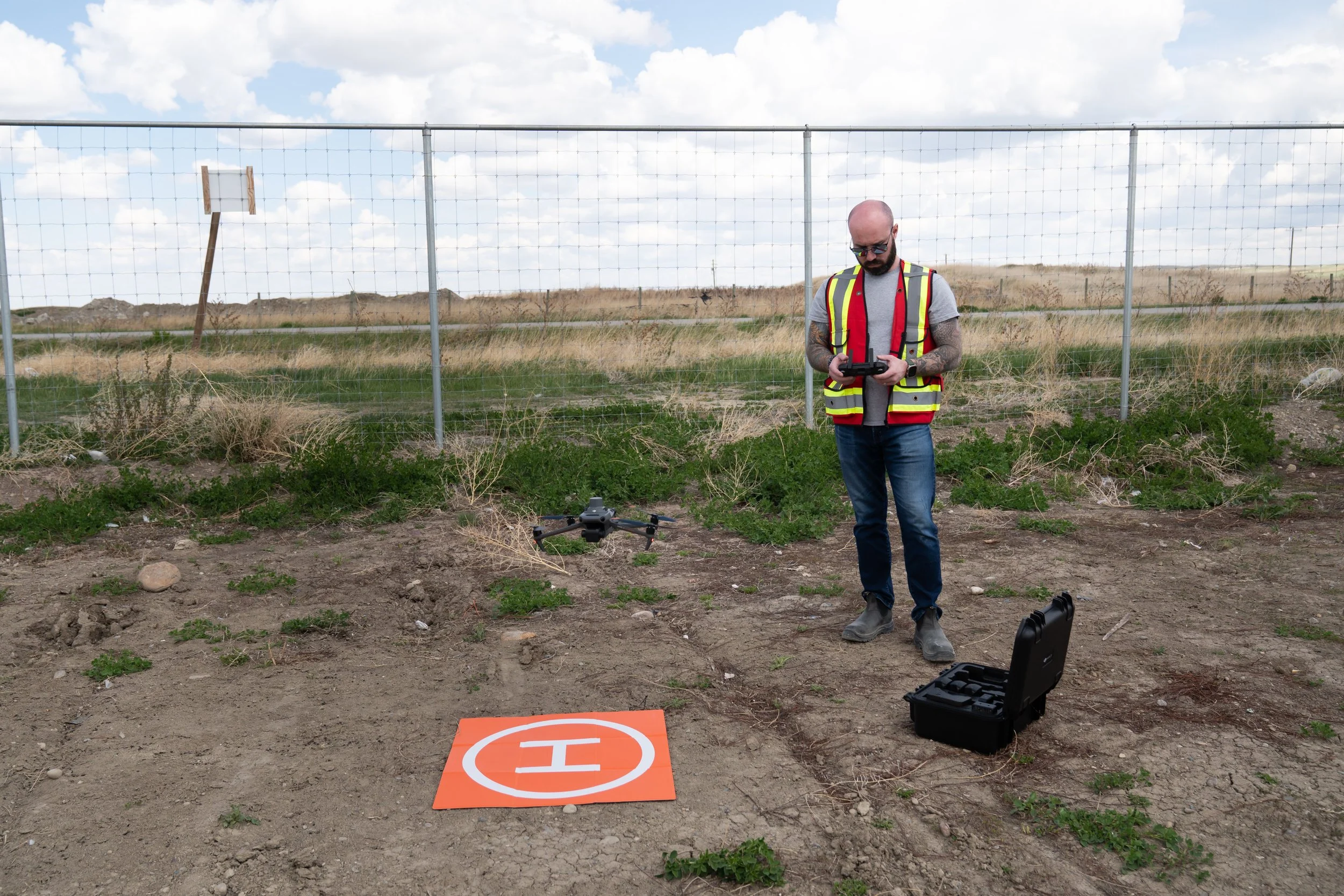 A calibrated RTK drone landing after capturing a 12 hectare construction site.