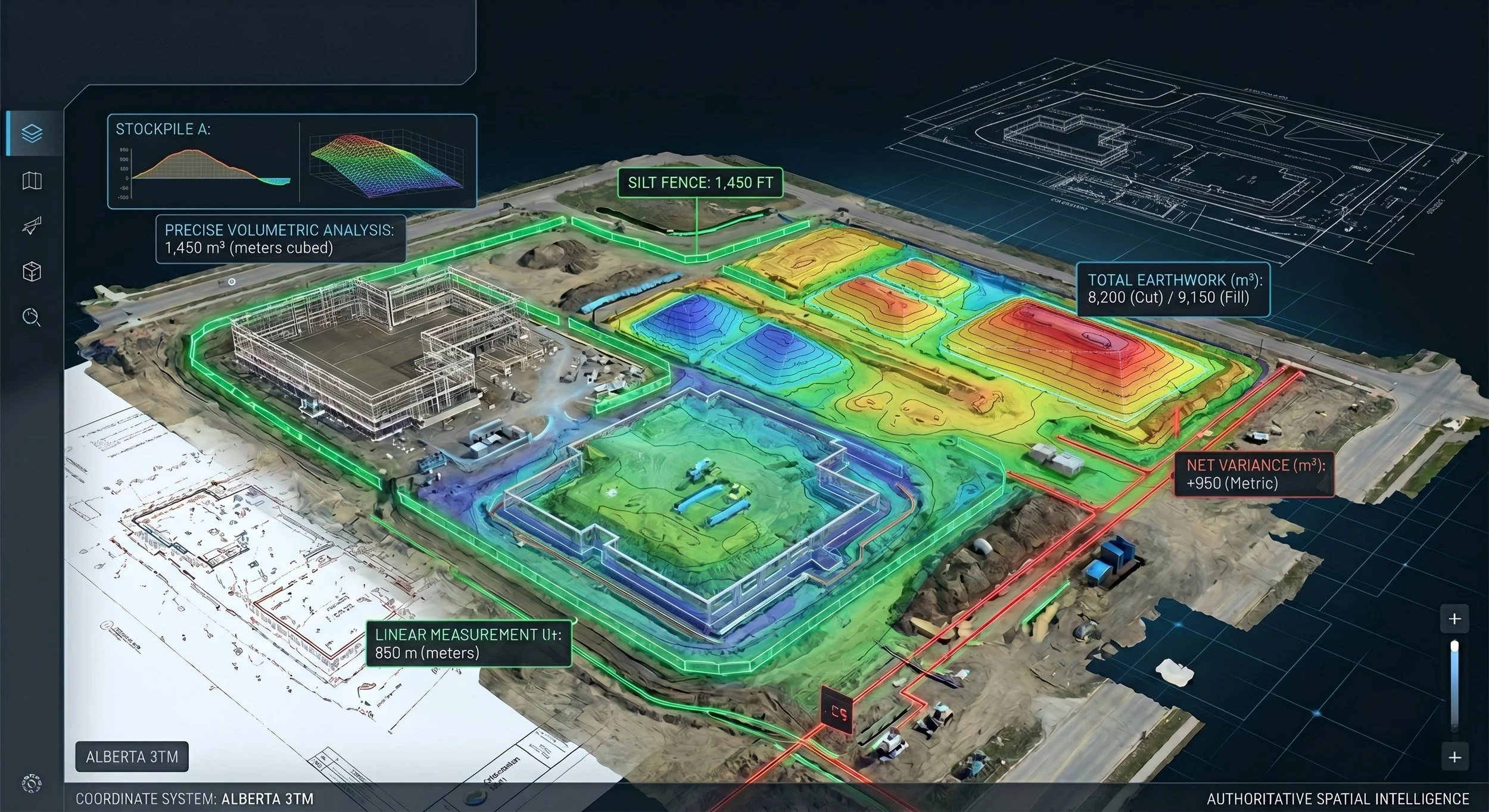 Reality Capture platform showing a project site and related measurements, stockpile volume, as well as site context.