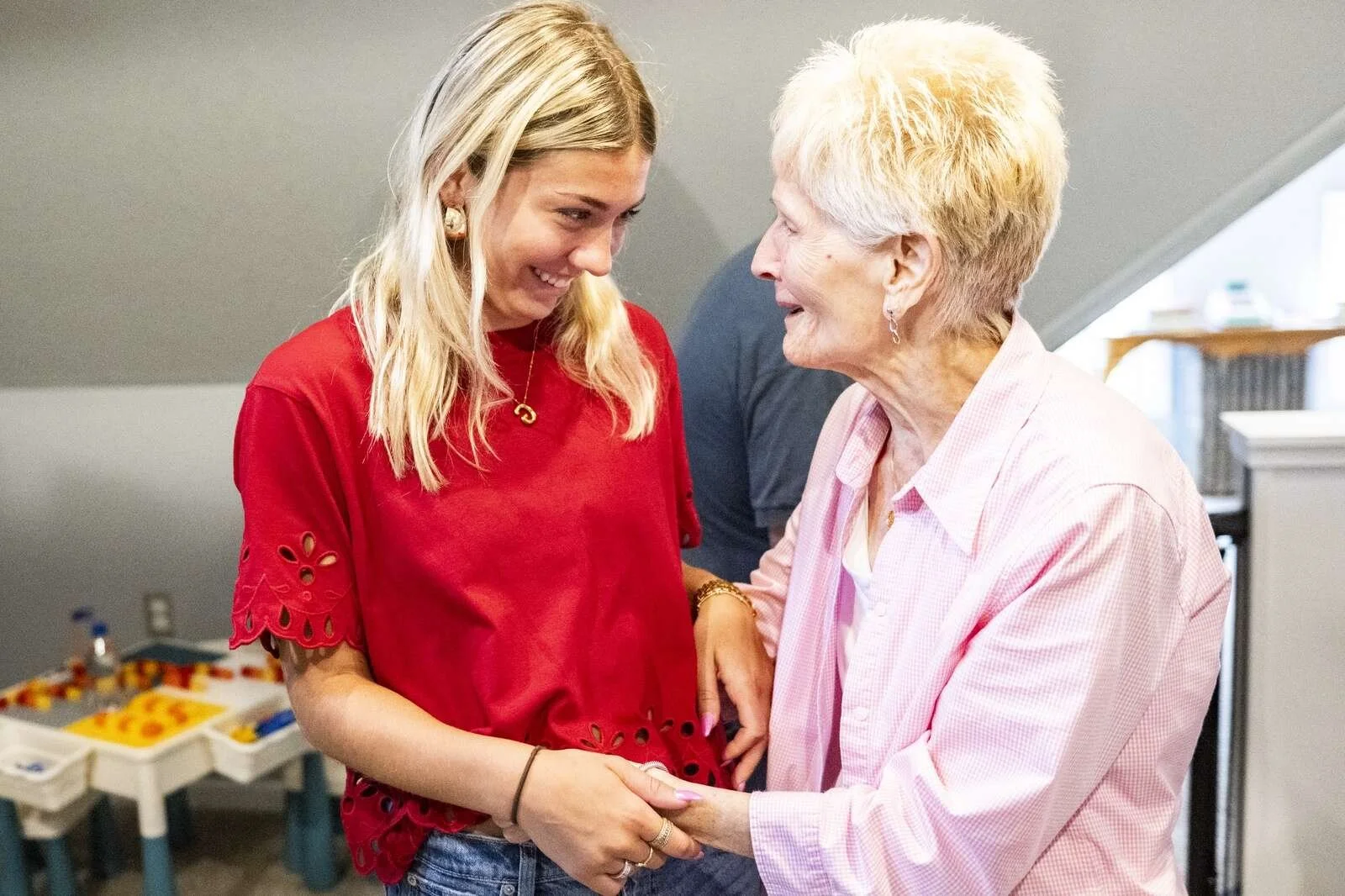 Judy Chenot, right, has a moment with her niece, Gianna Saleme, during a ribbon-cutting at the open house for the newly renovated third floor loft of Ellen’s House on Thursday, July 17, 2025. Rob McGraw/Butler Eagle Rob McGraw