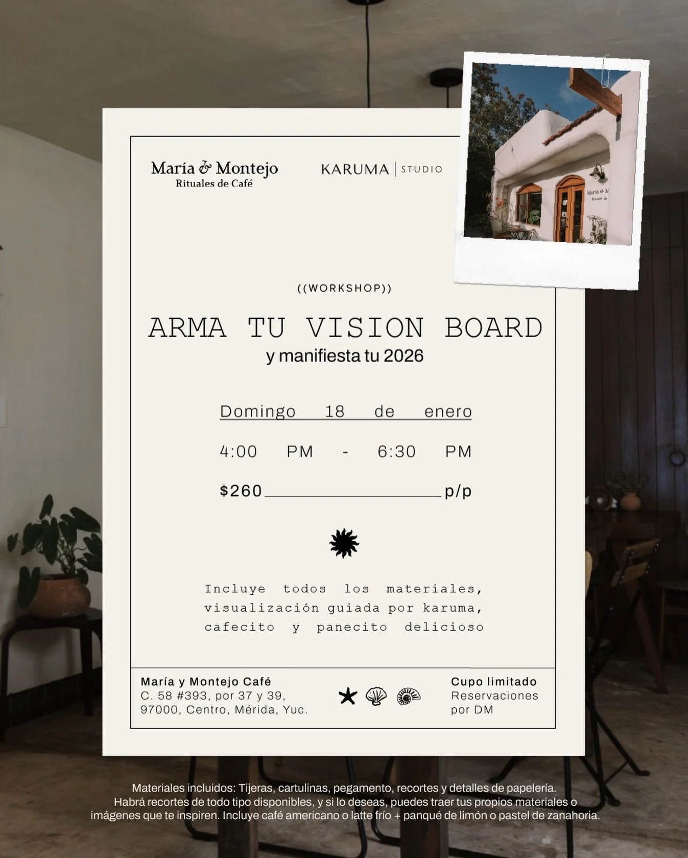 Empezar un nuevo a&ntilde;o no siempre se trata de hacer m&aacute;s, sino de mirar con m&aacute;s claridad 🌟

Este workshop es una pausa para sentarte contigo, ordenar deseos, enfocar intenci&oacute;n y darle forma a lo que quieres habitar en 2026. 