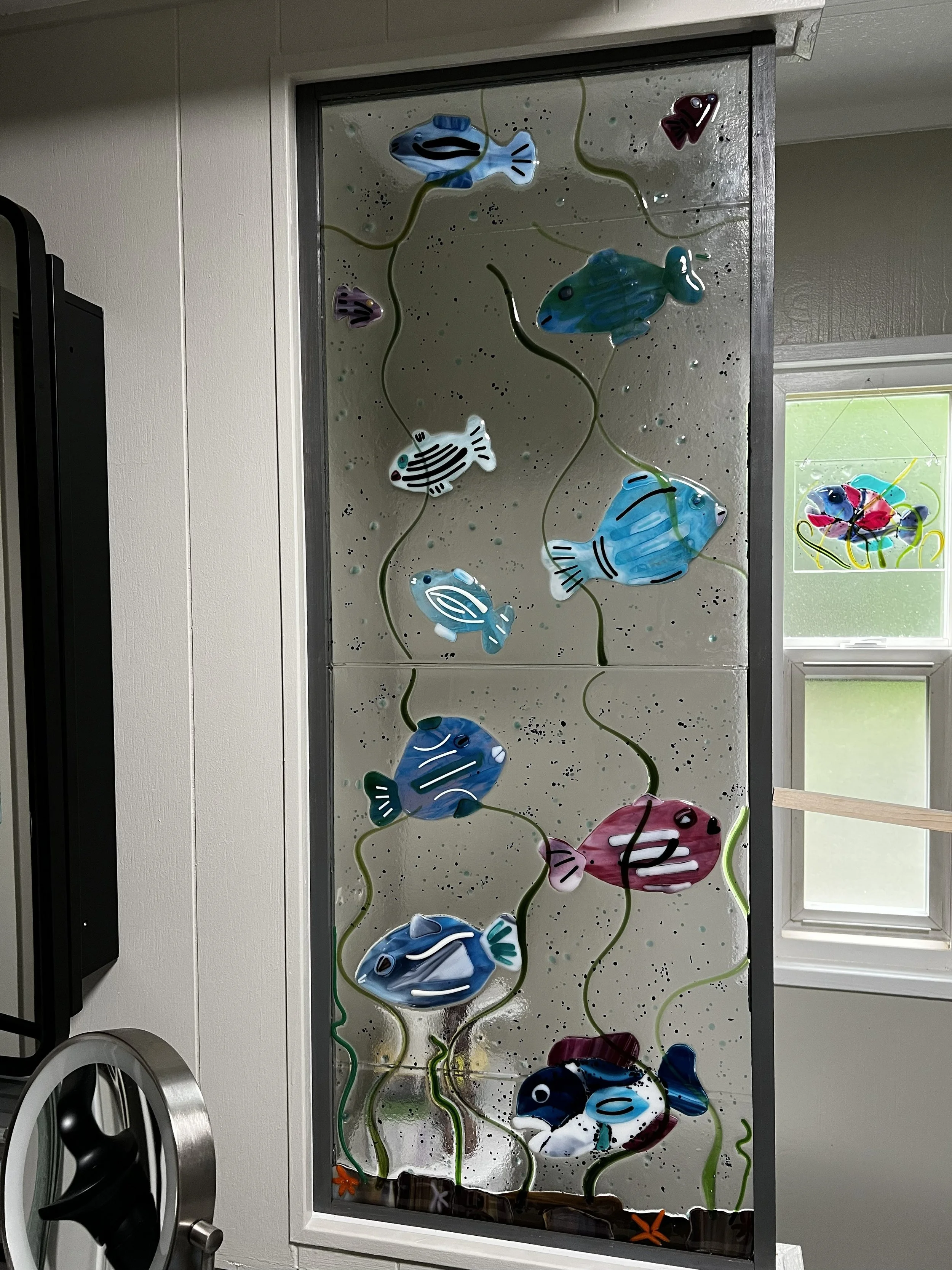 Large scale fused glass panel commission for client bathroom. Approximately 18 inches wide by 42 inches tall.
