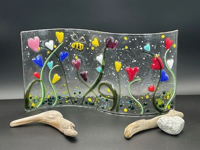 Heart flower and bees spring sun wave panel 7x14"