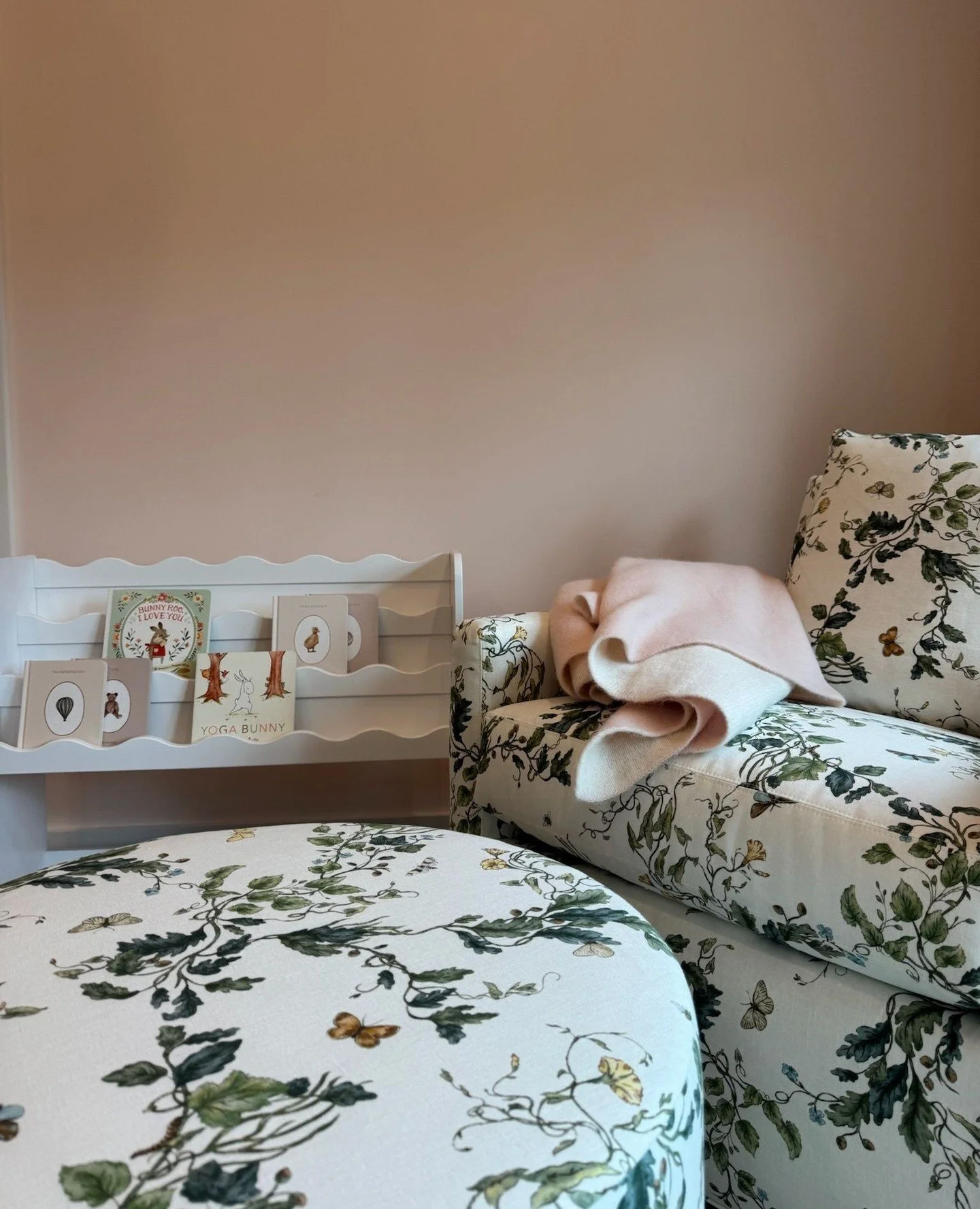Our Mill Valley nursery awaits its spring baby&rsquo;s arrival.⁠
⁠
This @leahoconnelltextiles fabric on the glider is a favorite!⁠
⁠
#MareaClarkInteriors