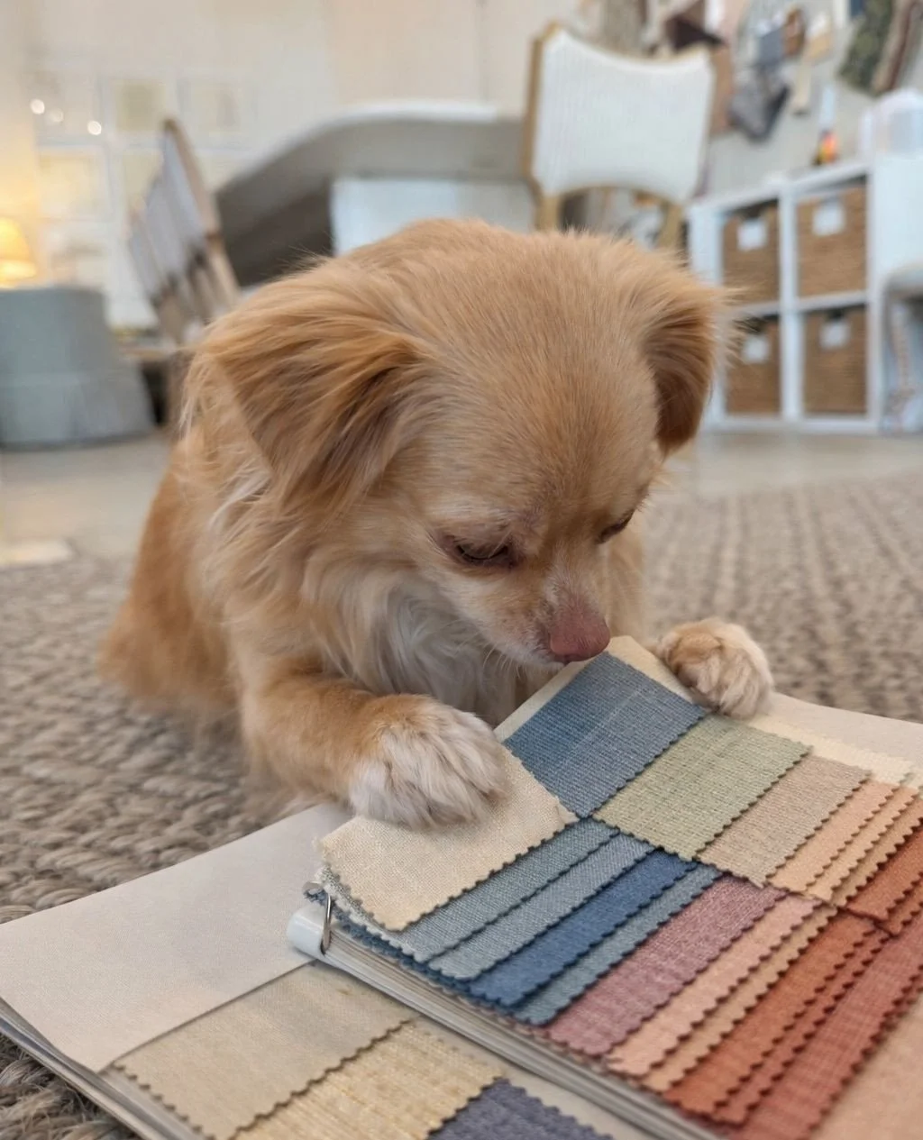 Texture, tone, and a very discerning eye.⁠
Studio visitor of the day &mdash; taking her role in material selection very seriously.⁠
⁠
#mareaclarkinteriors